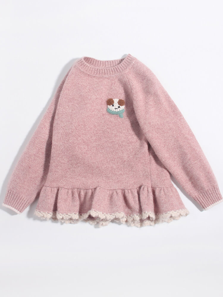 Girls Pink Cashmere Sweater with Puppy Patch and Ruffle Lace Hem